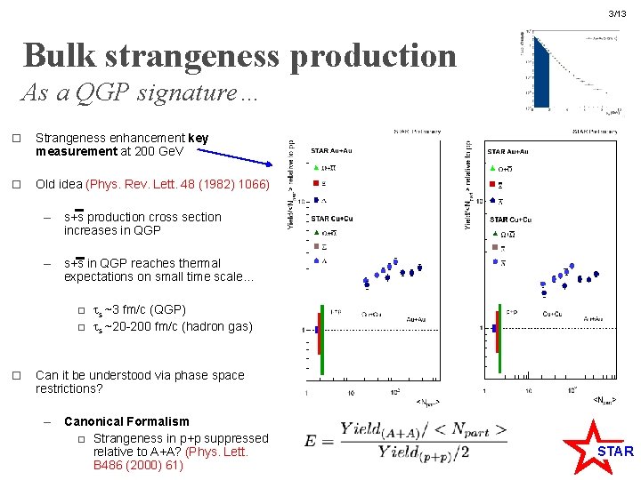 3/13 Bulk strangeness production As a QGP signature… o Strangeness enhancement key measurement at