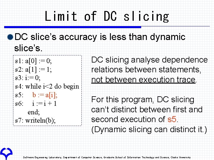 Limit of DC slicing DC slice’s accuracy is less than dynamic slice’s. s 1: