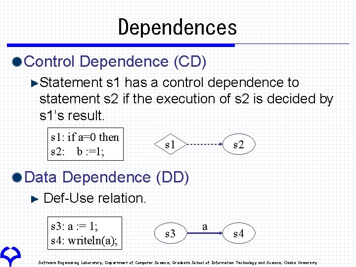 Dependences Control Dependence (CD) Statement s 1 has a control dependence to statement s