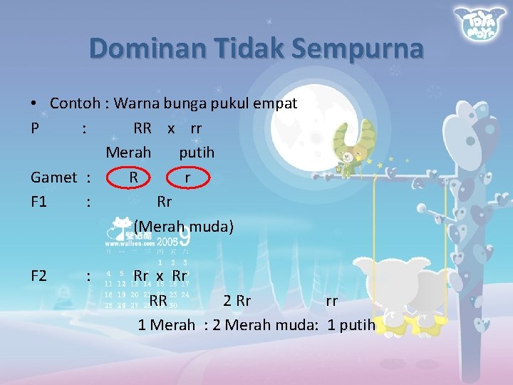 Dominan Tidak Sempurna • Contoh : Warna bunga pukul empat P : RR x