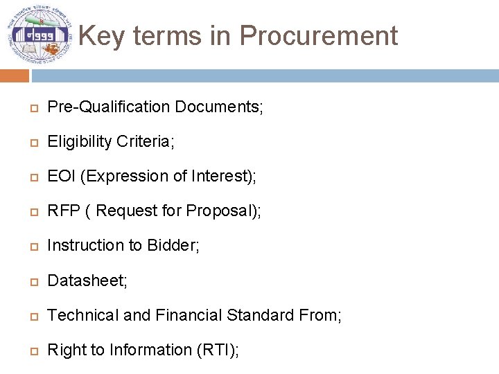 Key terms in Procurement Pre-Qualification Documents; Eligibility Criteria; EOI (Expression of Interest); RFP (