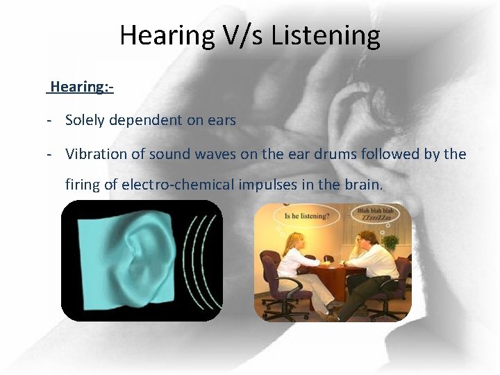 Hearing V/s Listening Hearing: - - Solely dependent on ears - Vibration of sound Hearing V/s Listening Hearing: - - Solely dependent on ears - Vibration of sound
