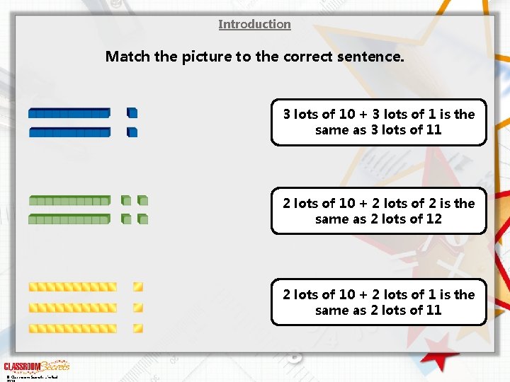 Introduction Match the picture to the correct sentence. 3 lots of 10 + 3