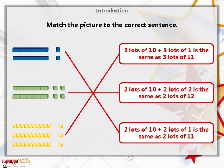 Introduction Match the picture to the correct sentence. 3 lots of 10 + 3