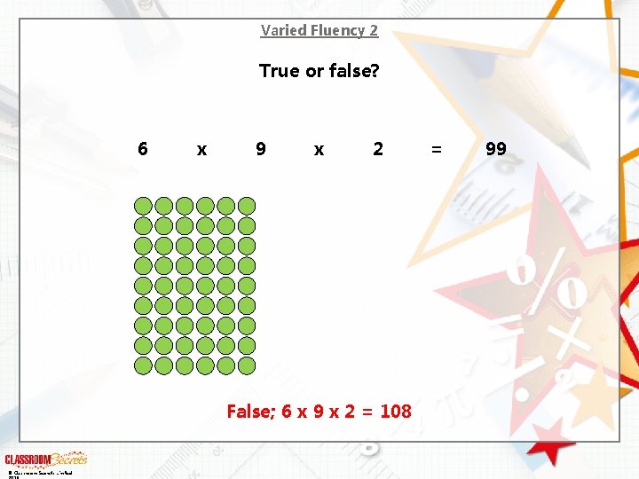 Varied Fluency 2 True or false? 6 x 9 x 2 False; 6 x