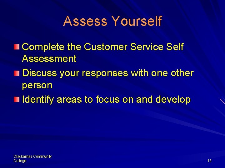 Assess Yourself Complete the Customer Service Self Assessment Discuss your responses with one other