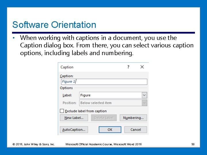 Software Orientation • When working with captions in a document, you use the Caption