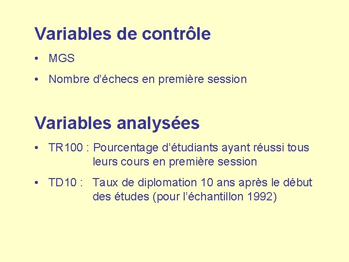 Variables de contrôle • MGS • Nombre d’échecs en première session Variables analysées •