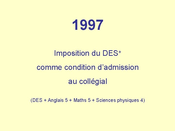 1997 Imposition du DES+ comme condition d’admission au collégial (DES + Anglais 5 +
