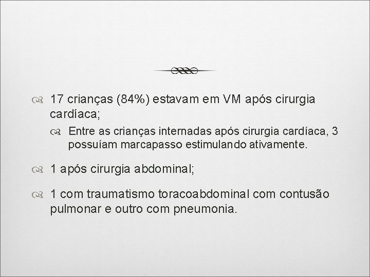  17 crianças (84%) estavam em VM após cirurgia cardíaca; Entre as crianças internadas