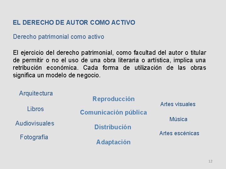 EL DERECHO DE AUTOR COMO ACTIVO Derecho patrimonial como activo El ejercicio del derecho