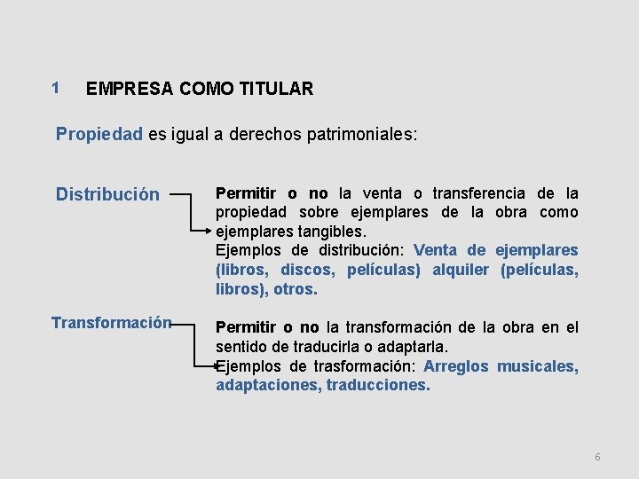 1 EMPRESA COMO TITULAR Propiedad es igual a derechos patrimoniales: Distribución Permitir o no