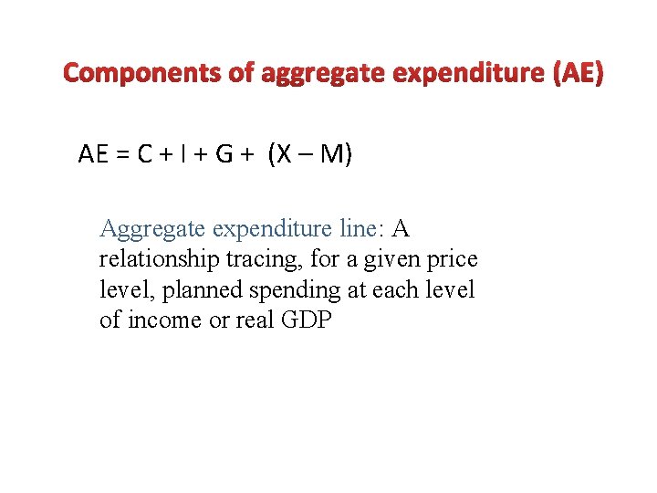Components of aggregate expenditure (AE) AE = C + I + G + (X