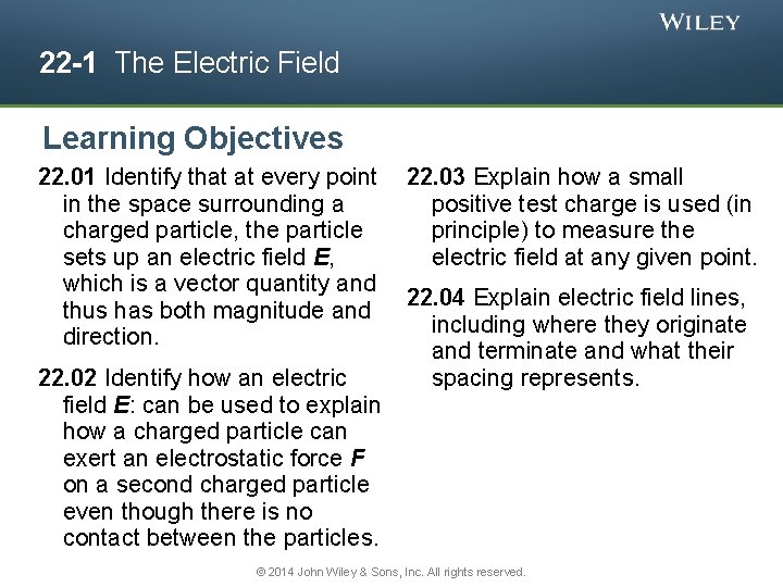 22 -1 The Electric Field Learning Objectives 22. 01 Identify that at every point