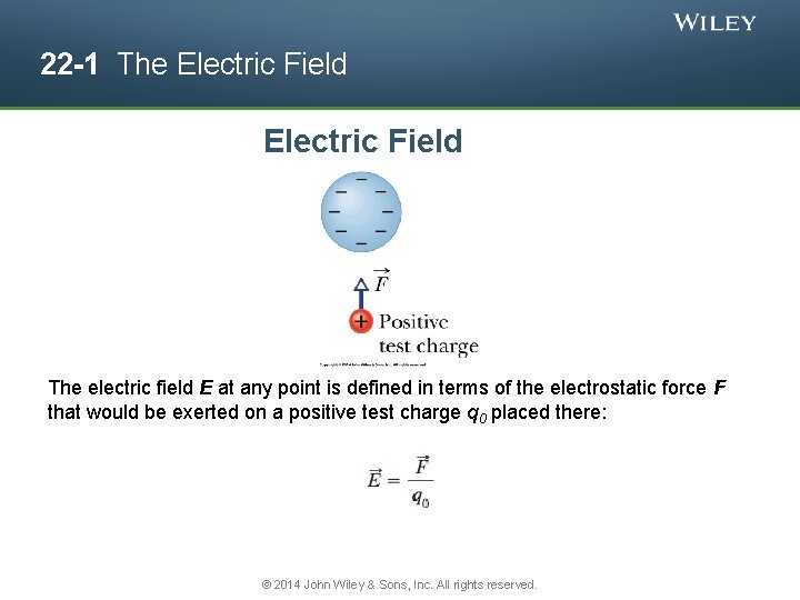 22 -1 The Electric Field The electric field E at any point is defined