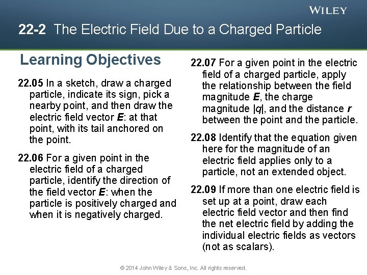 22 -2 The Electric Field Due to a Charged Particle Learning Objectives 22. 05