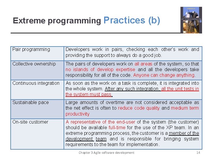 Extreme programming Practices (b) Pair programming Developers work in pairs, checking each other’s work