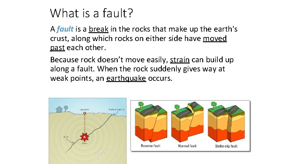 What is a fault? A fault is a break in the rocks that make