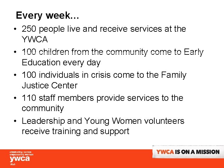 Every week… • 250 people live and receive services at the YWCA • 100