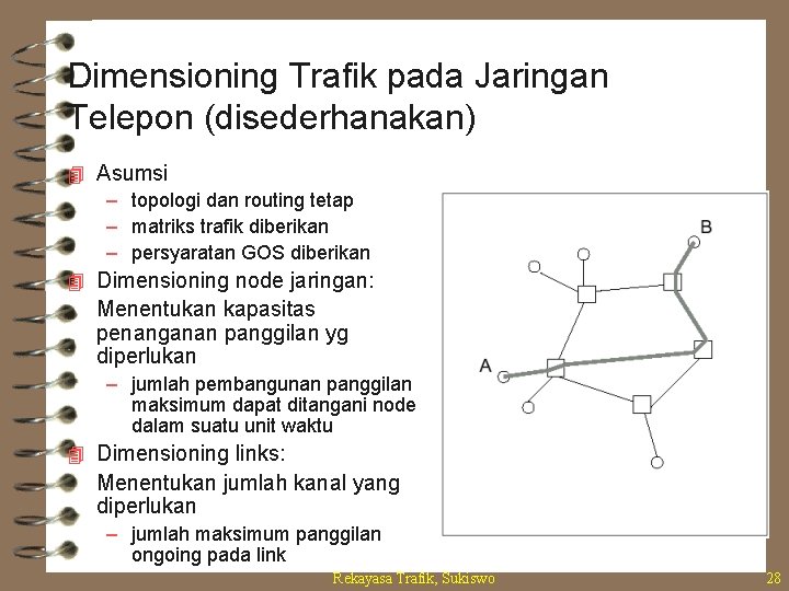 Dimensioning Trafik pada Jaringan Telepon (disederhanakan) 4 Asumsi – topologi dan routing tetap –