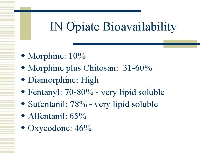 IN Opiate Bioavailability w Morphine: 10% w Morphine plus Chitosan: 31 -60% w Diamorphine: