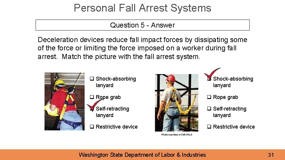 Personal Fall Arrest Systems Question 5 - Answer Deceleration devices reduce fall impact forces