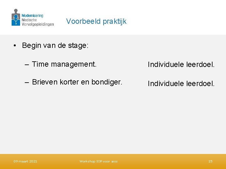 Voorbeeld praktijk • Begin van de stage: – Time management. Individuele leerdoel. – Brieven