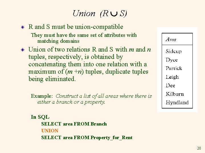 Union (R È S) R and S must be union-compatible They must have the