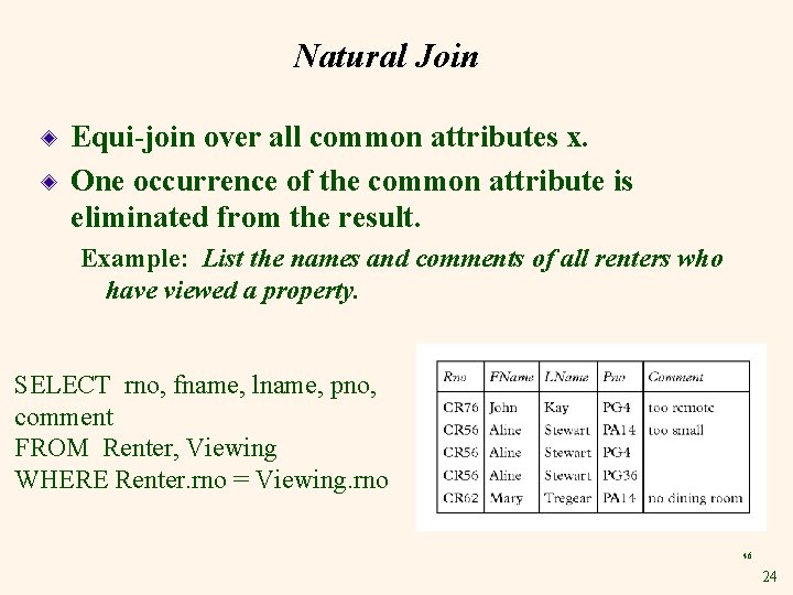 Natural Join Equi-join over all common attributes x. One occurrence of the common attribute