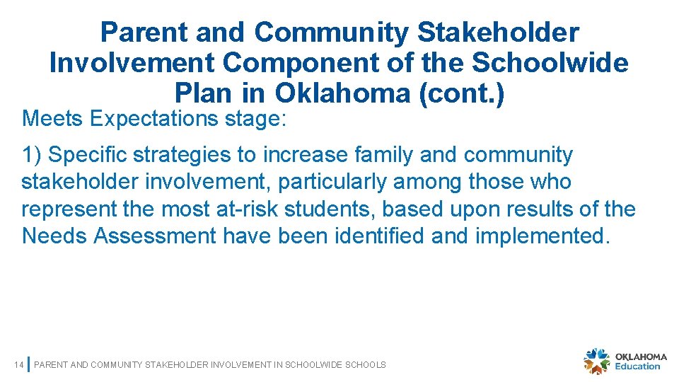 Parent and Community Stakeholder Involvement Component of the Schoolwide Plan in Oklahoma (cont. )