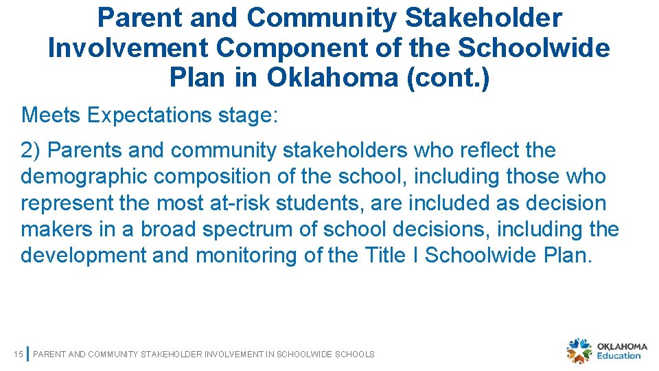 Parent and Community Stakeholder Involvement Component of the Schoolwide Plan in Oklahoma (cont. )
