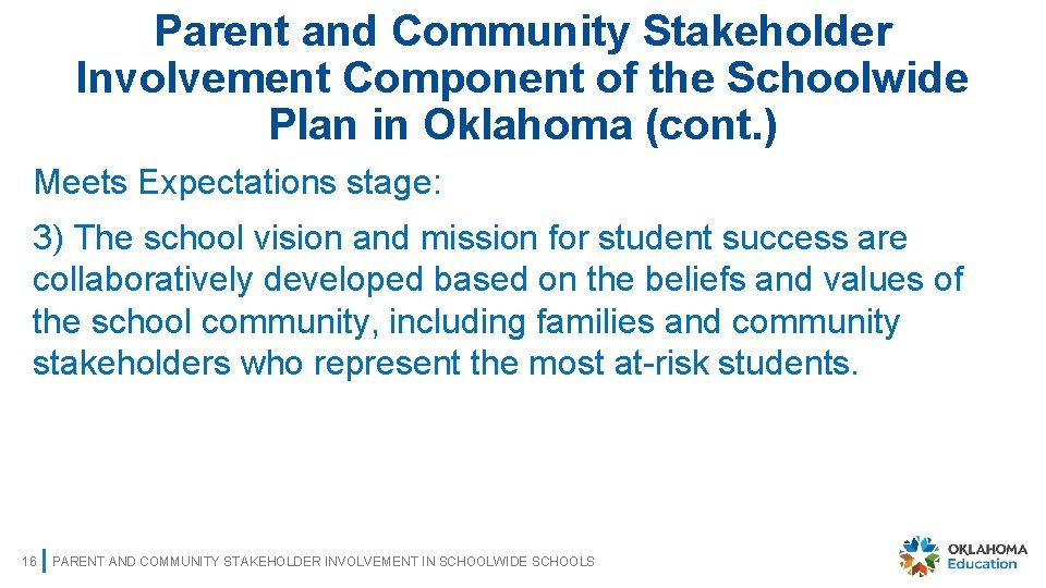 Parent and Community Stakeholder Involvement Component of the Schoolwide Plan in Oklahoma (cont. )