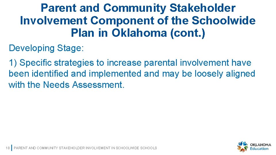 Parent and Community Stakeholder Involvement Component of the Schoolwide Plan in Oklahoma (cont. )