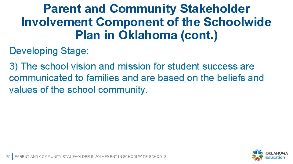 Parent and Community Stakeholder Involvement Component of the Schoolwide Plan in Oklahoma (cont. )