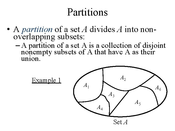 Partitions • A partition of a set A divides A into nonoverlapping subsets: –