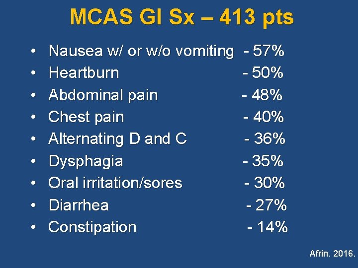 MCAS GI Sx – 413 pts • • • Nausea w/ or w/o vomiting MCAS GI Sx – 413 pts • • • Nausea w/ or w/o vomiting