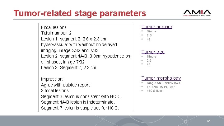 Tumor-related stage parameters Focal lesions: Total number: 2: Lesion 1: segment 3, 3. 6
