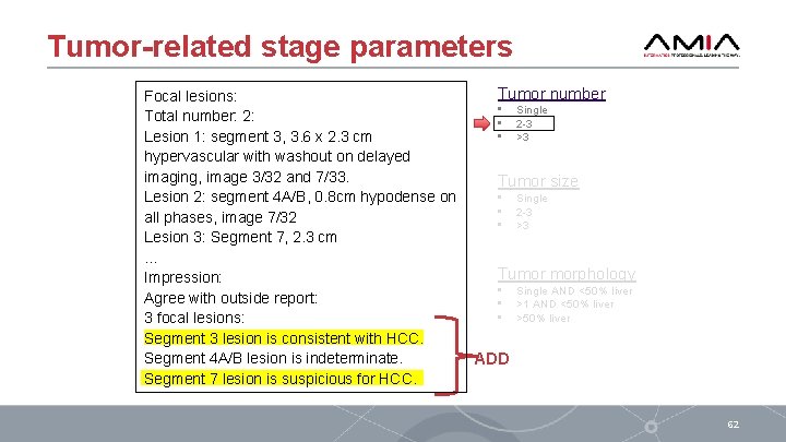 Tumor-related stage parameters Focal lesions: Total number: 2: Lesion 1: segment 3, 3. 6