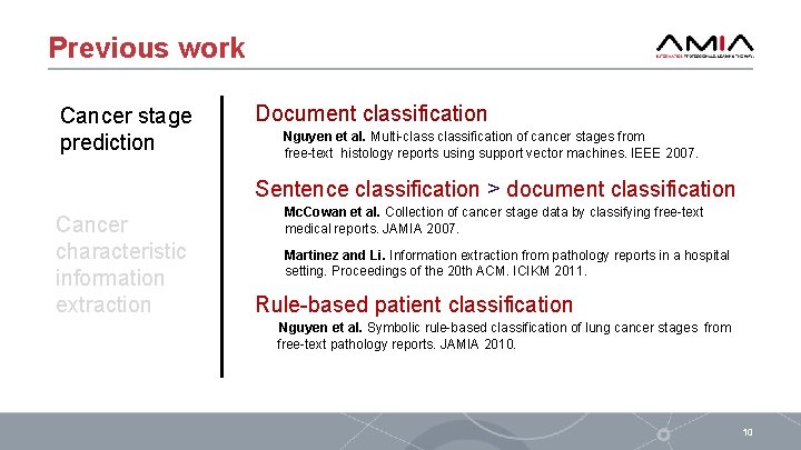Previous work Cancer stage prediction Document classification Nguyen et al. Multi-classification of cancer stages
