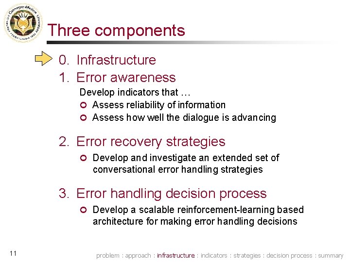 Three components 0. Infrastructure 1. Error awareness Develop indicators that … Assess reliability of