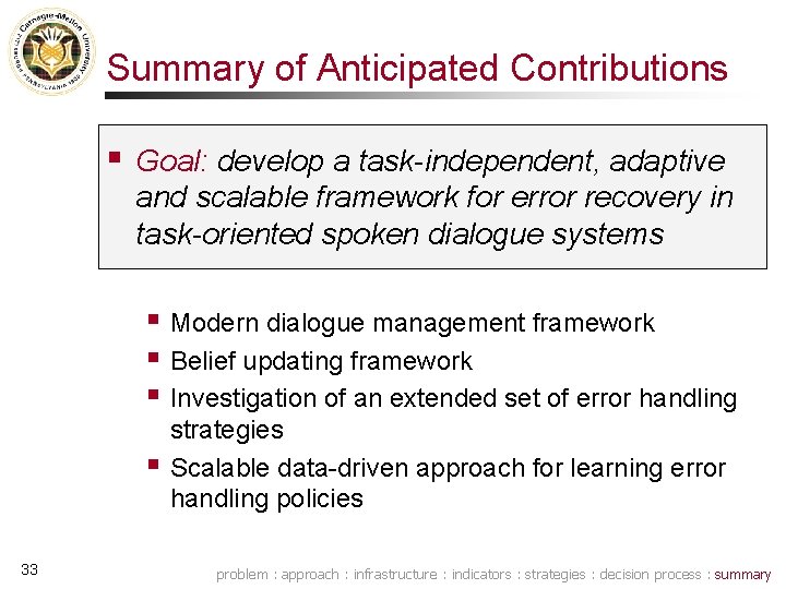 Summary of Anticipated Contributions § Goal: develop a task-independent, adaptive and scalable framework for