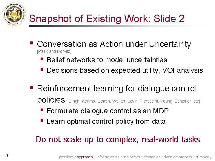Snapshot of Existing Work: Slide 2 § Conversation as Action under Uncertainty [Paek and