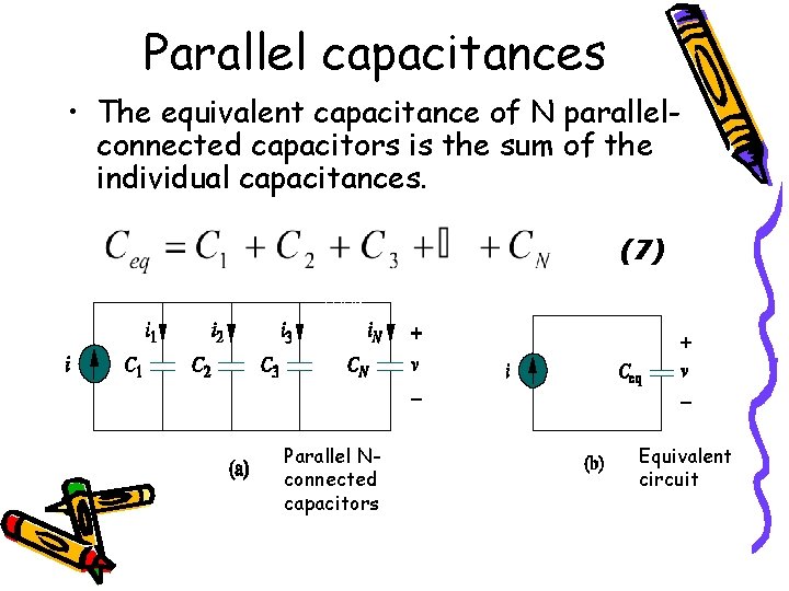 Parallel capacitances • The equivalent capacitance of N parallelconnected capacitors is the sum of
