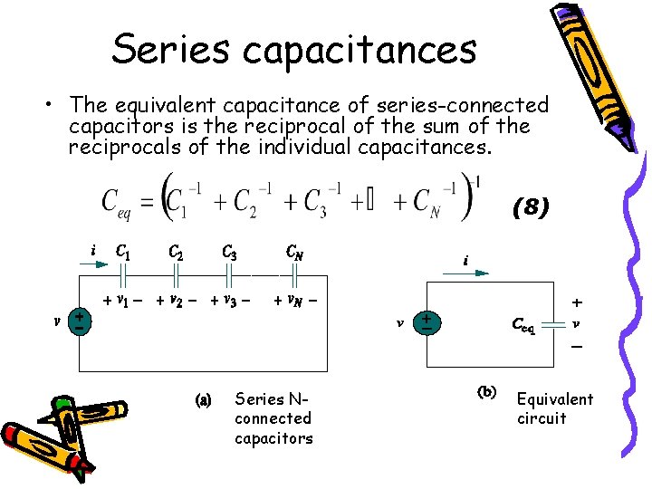 Series capacitances • The equivalent capacitance of series-connected capacitors is the reciprocal of the