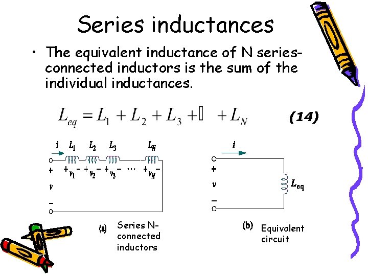 Series inductances • The equivalent inductance of N seriesconnected inductors is the sum of