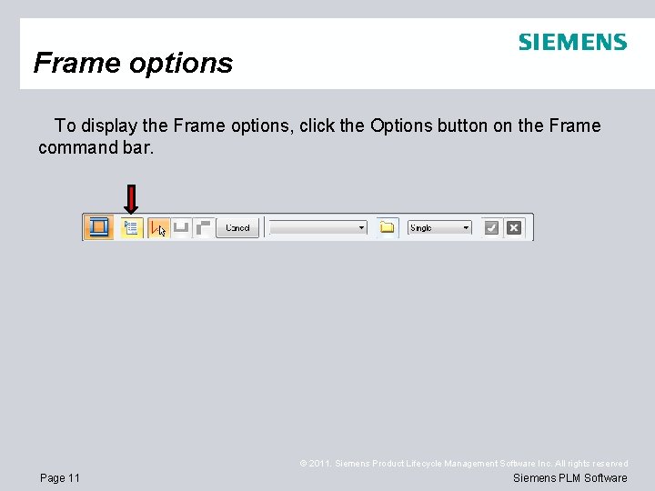 Frame options To display the Frame options, click the Options button on the Frame