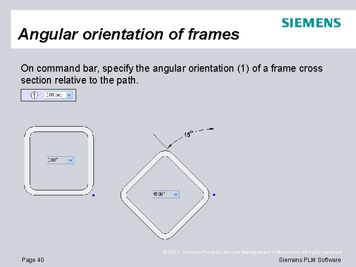 Angular orientation of frames On command bar, specify the angular orientation (1) of a