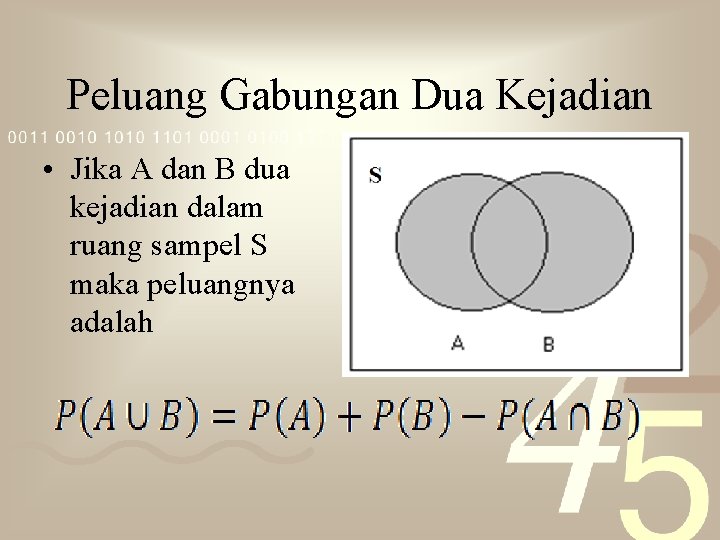 Peluang Gabungan Dua Kejadian • Jika A dan B dua kejadian dalam ruang sampel