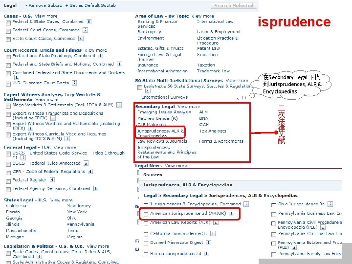 American Jurisprudence 在Secondary Legal 下找 到Jurisprudences, ALR & Encyclopedias 二 次 法 律 文