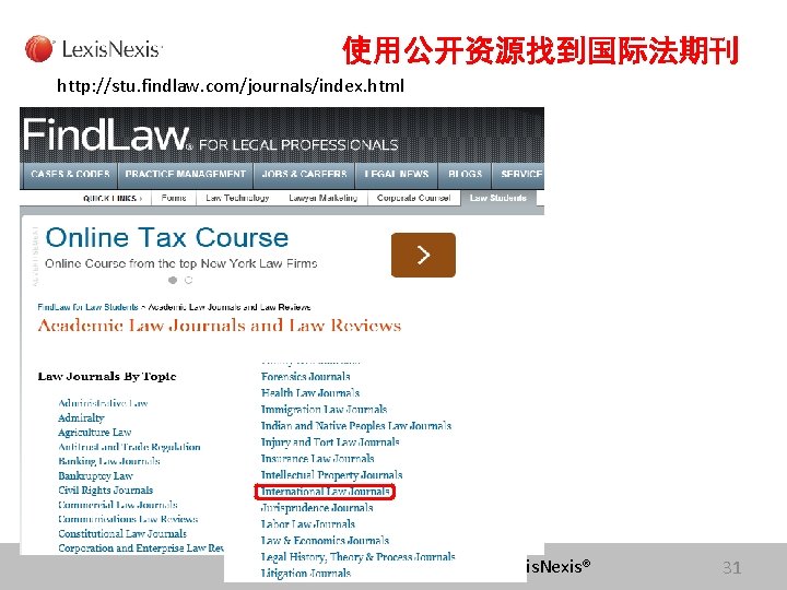 使用公开资源找到国际法期刊 http: //stu. findlaw. com/journals/index. html Lexis. Nexis® 31 